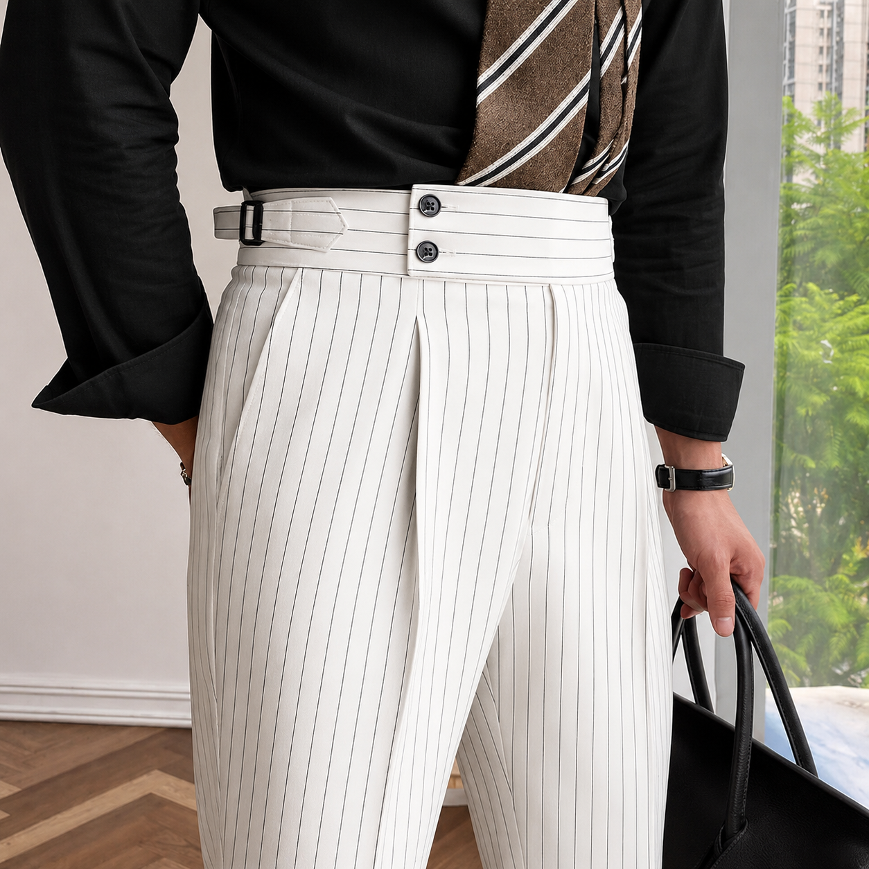 Italian Nova β Signature Pinstripe Buttoned Gurkha Trousers in White