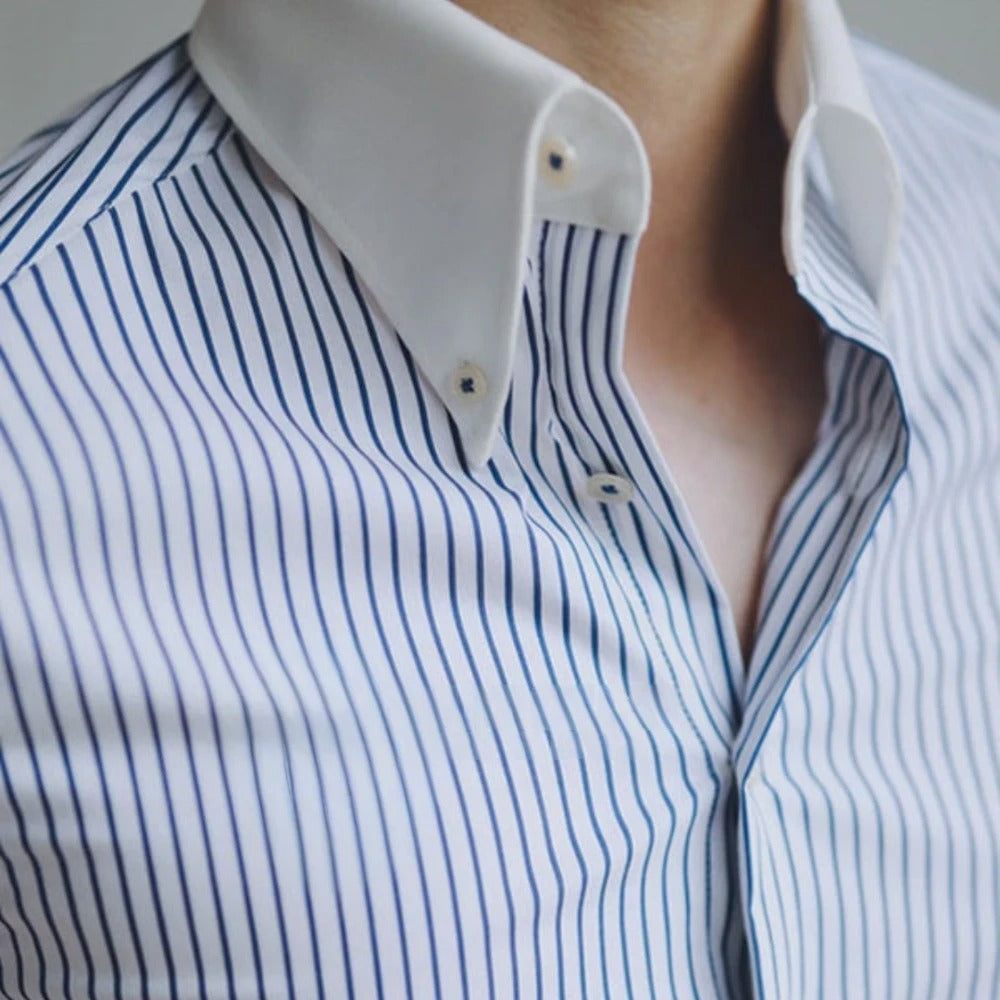 Italian Nova – Old Money Blue Striped Shirt with Contrast Collar & Cuffs