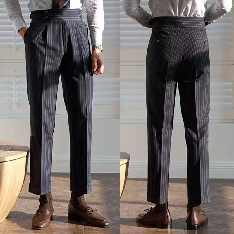 Italian Nova – Signature Buttoned Gurkha Trousers in Black Pinstripe