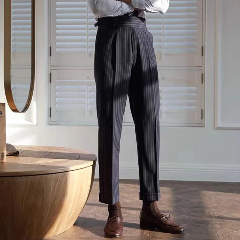 Italian Nova β Signature Buttoned Gurkha Trousers in Black Pinstripe