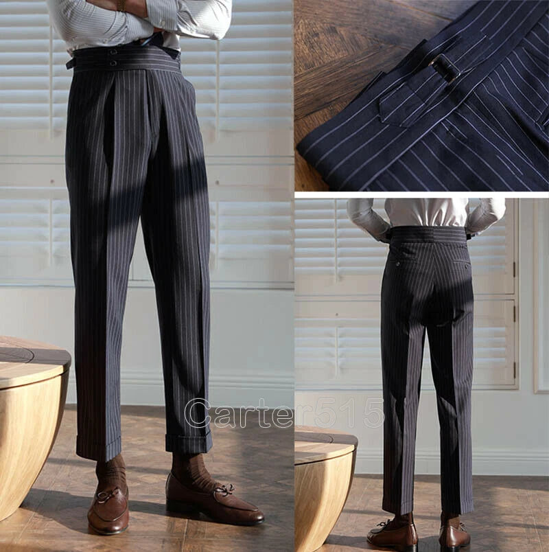 Italian Nova β Signature Buttoned Gurkha Trousers in Black Pinstripe