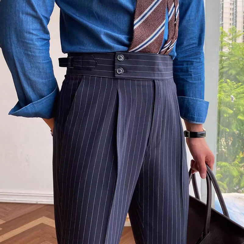 Italian Nova – Signature Pinstripe Buttoned Gurkha Trousers in Dark Navy Blue
