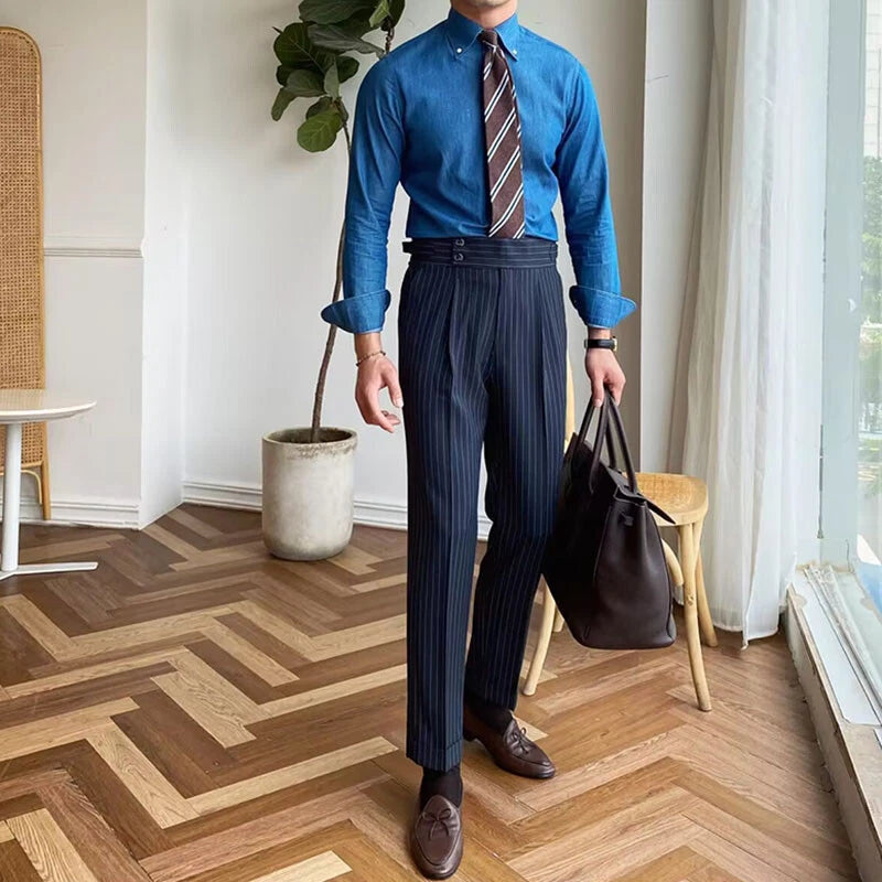 Italian Nova β Signature Pinstripe Buttoned Gurkha Trousers in Dark Navy Blue