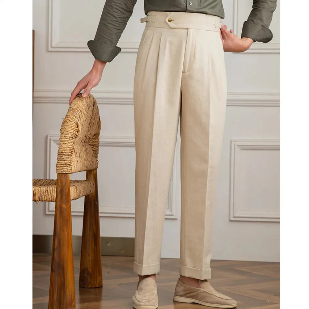 Italian Nova β Signature Buttoned Gurkha Trousers in Light Beige