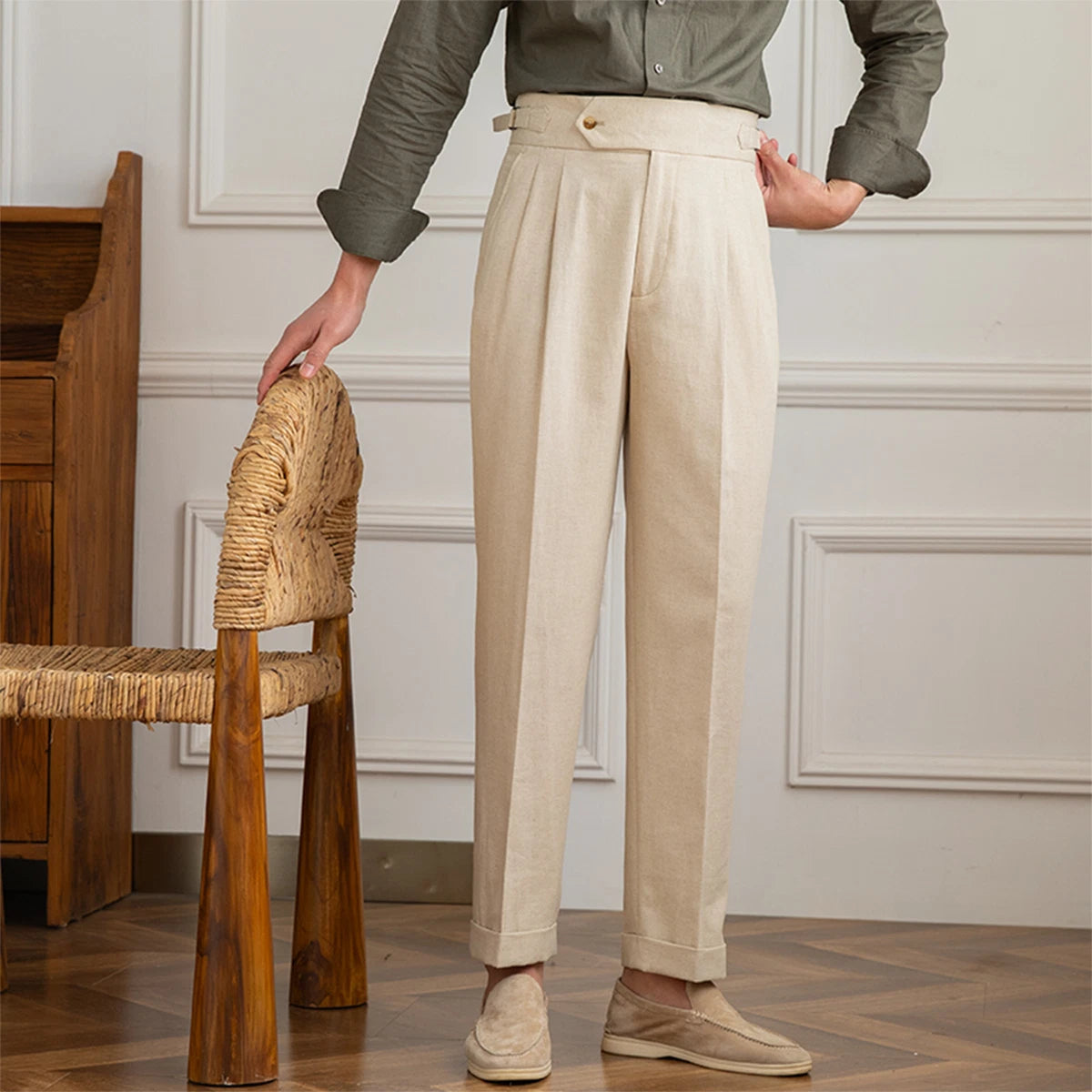 Italian Nova β Signature Buttoned Gurkha Trousers in Light Beige