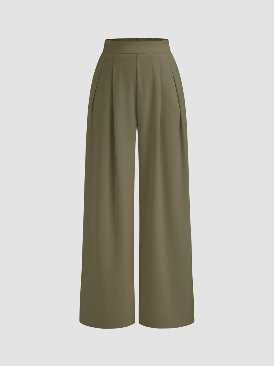 Italian Nova – High-waisted Pleated wide-leg trousers in Olive Green