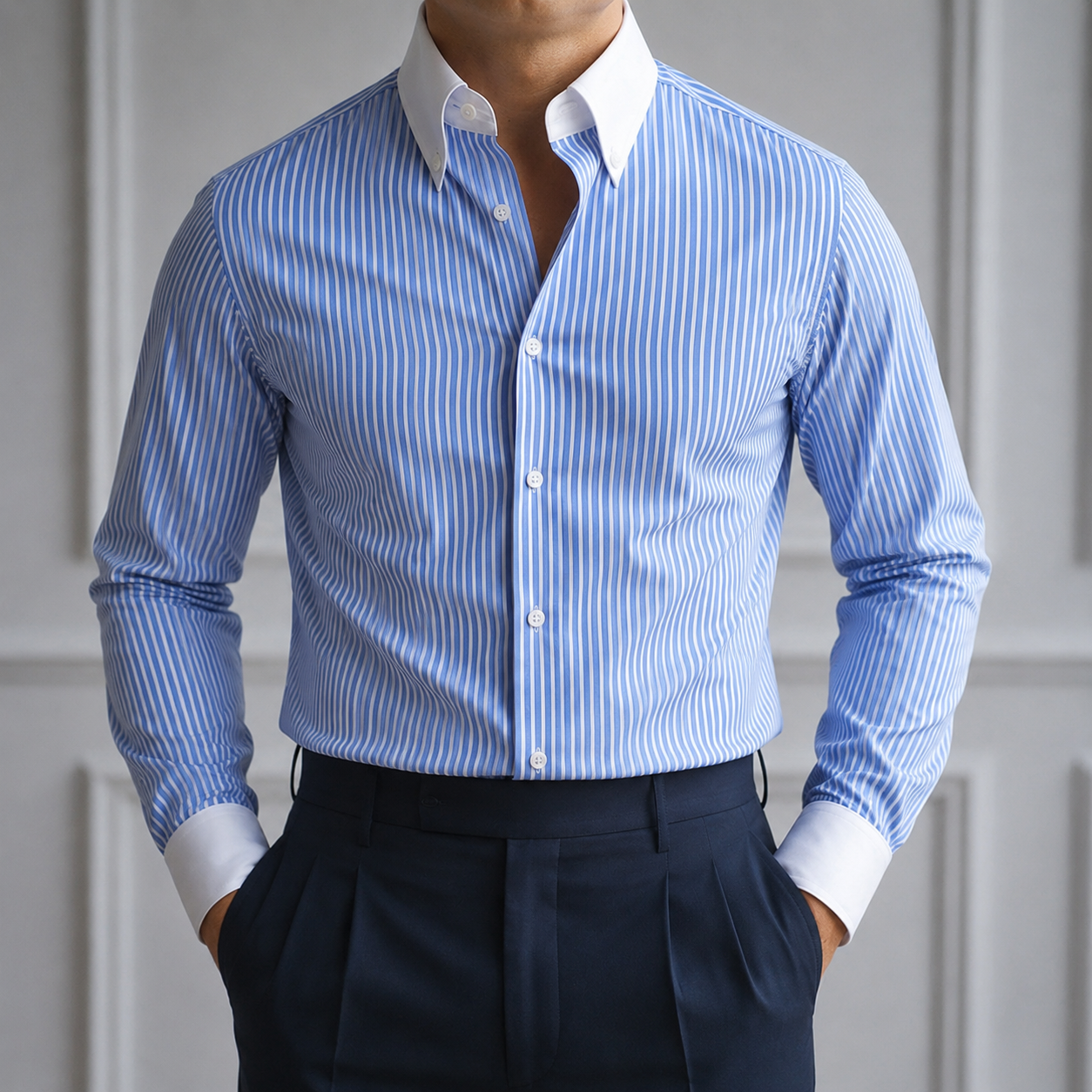 Italian Nova β Old Money Blue Striped Shirt with Contrast Collar & Cuffs