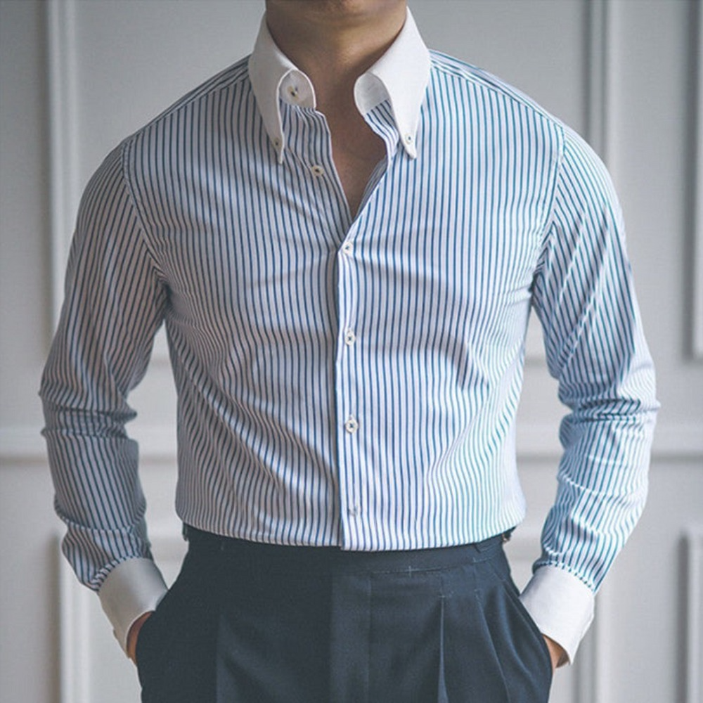 Italian Nova – Old Money Blue Striped Shirt with Contrast Collar & Cuffs