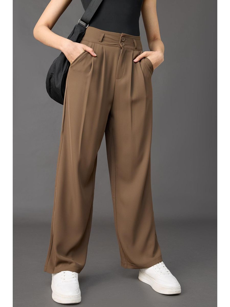 Italian Nova – High-waisted Pleated wide-leg trousers in Mocha Brown