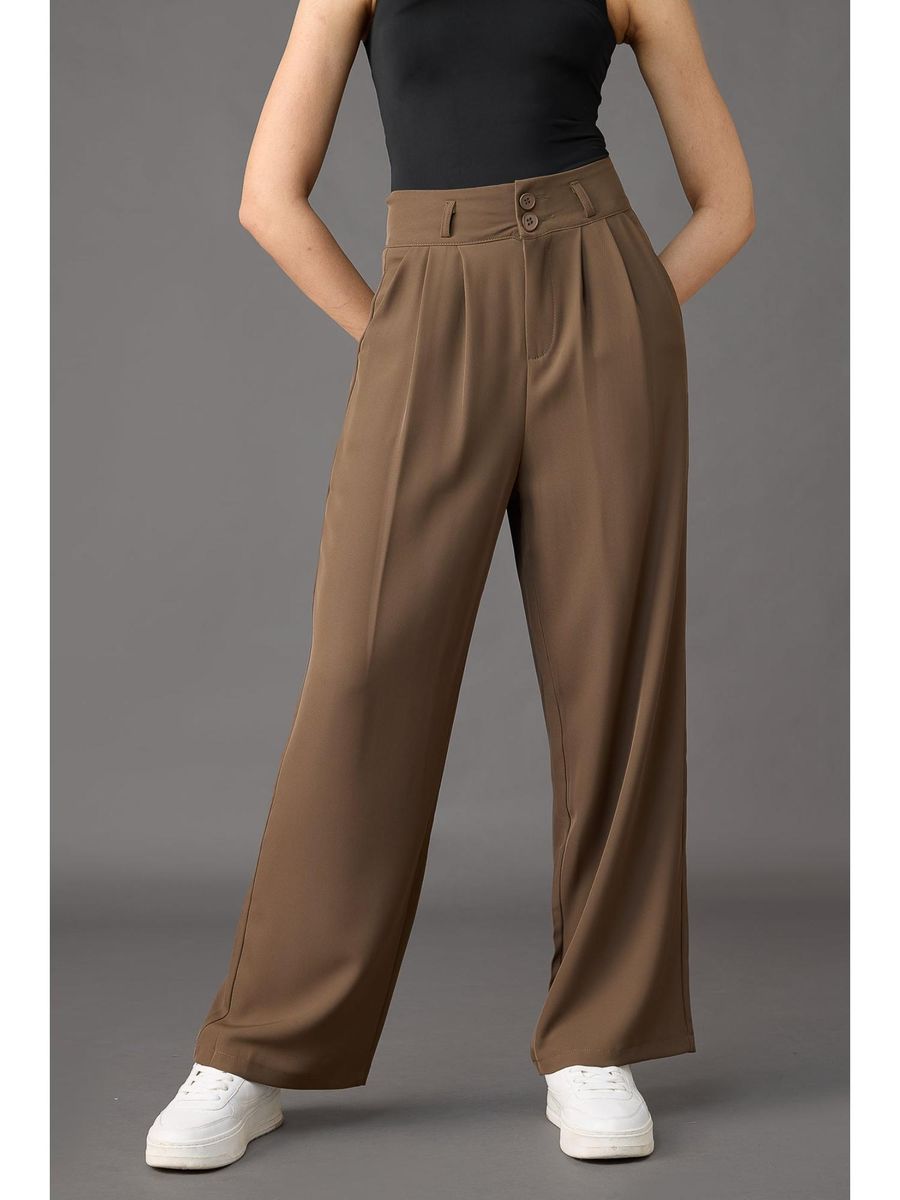Italian Nova – High-waisted Pleated wide-leg trousers in Mocha Brown