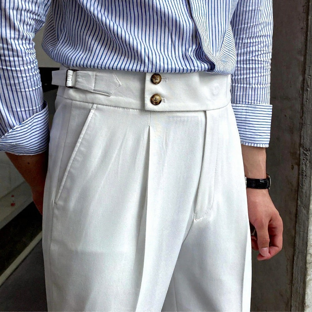 Italian Nova – Signature Buttoned Gurkha Trousers in Elegant White