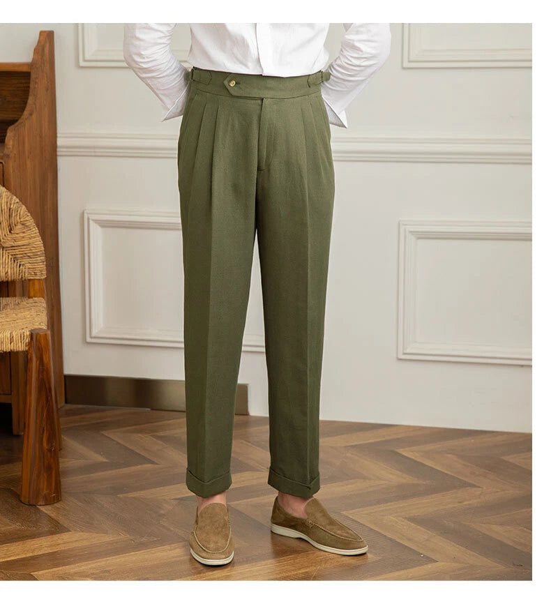 Italian Nova – Signature Buttoned Gurkha Trousers in Elegant Olive Green