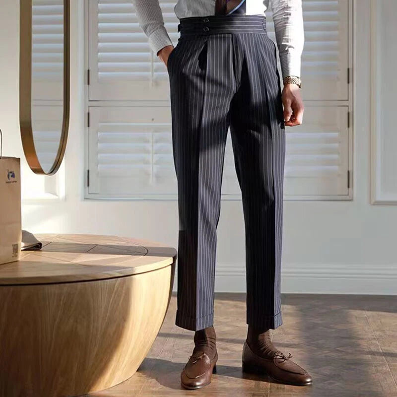 Italian Nova – Signature Buttoned Gurkha Trousers in Black Pinstripe