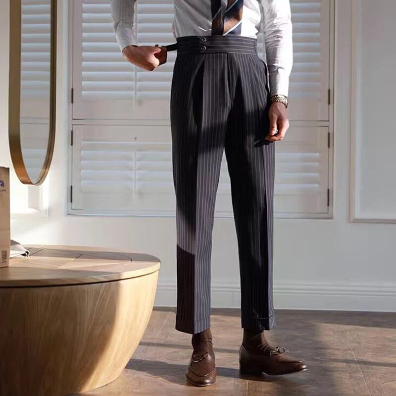 Italian Nova – Signature Buttoned Gurkha Trousers in Black Pinstripe