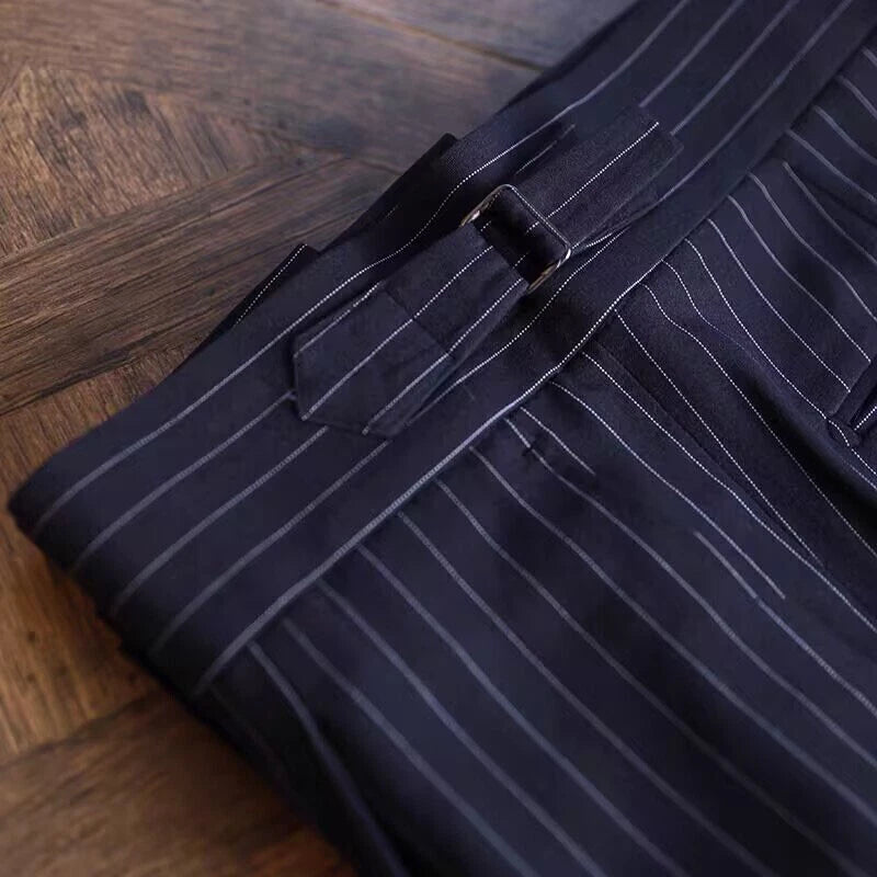 Italian Nova – Signature Buttoned Gurkha Trousers in Black Pinstripe