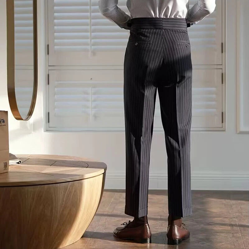 Italian Nova – Signature Buttoned Gurkha Trousers in Black Pinstripe