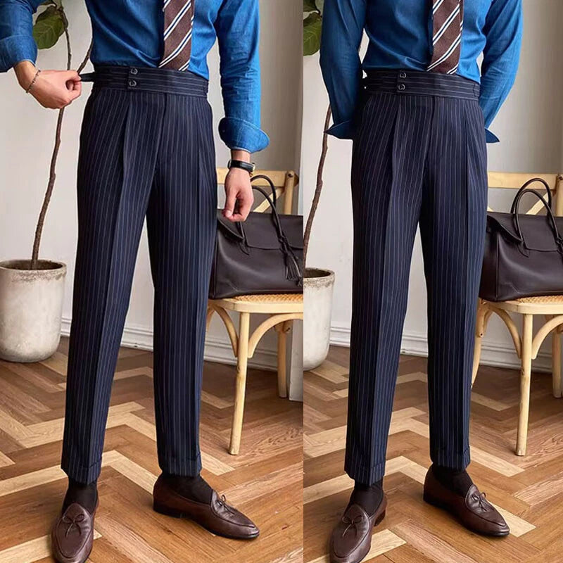 Italian Nova – Signature Pinstripe Buttoned Gurkha Trousers in Dark Navy Blue