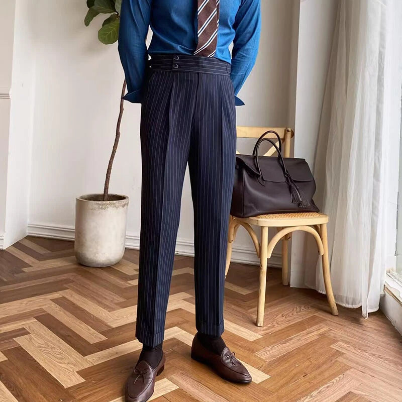 Italian Nova – Signature Pinstripe Buttoned Gurkha Trousers in Dark Navy Blue