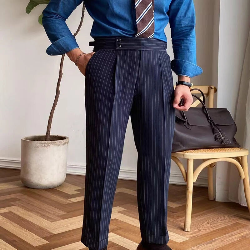 Italian Nova – Signature Pinstripe Buttoned Gurkha Trousers in Dark Navy Blue