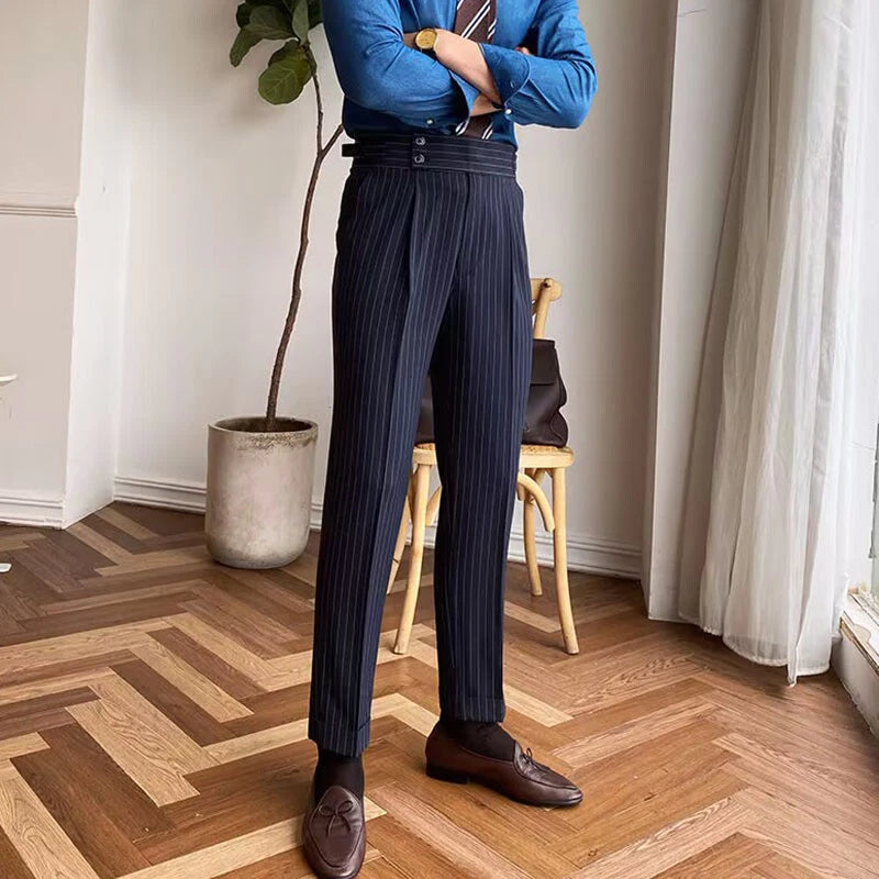 Italian Nova – Signature Pinstripe Buttoned Gurkha Trousers in Dark Navy Blue