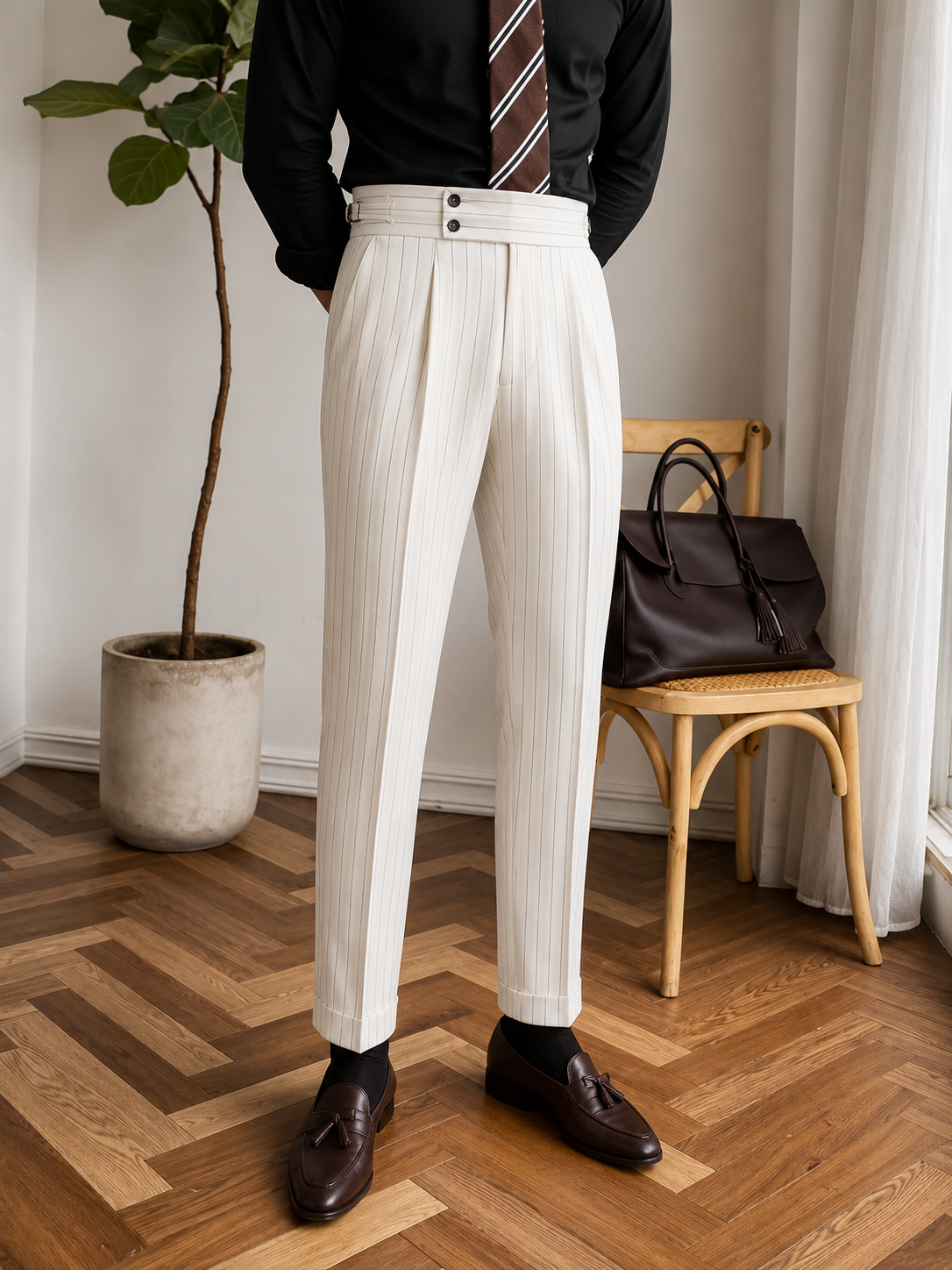 Italian Nova – Signature Pinstripe Buttoned Gurkha Trousers in White