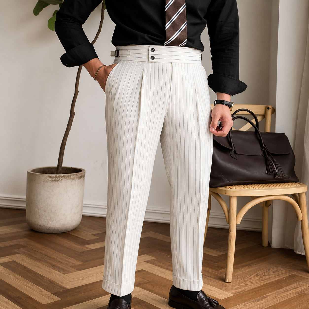 Italian Nova – Signature Pinstripe Buttoned Gurkha Trousers in White