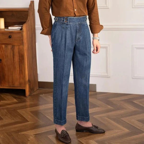 Italian Nova – Signature Denim Gurkha Trousers in Elegant Blue