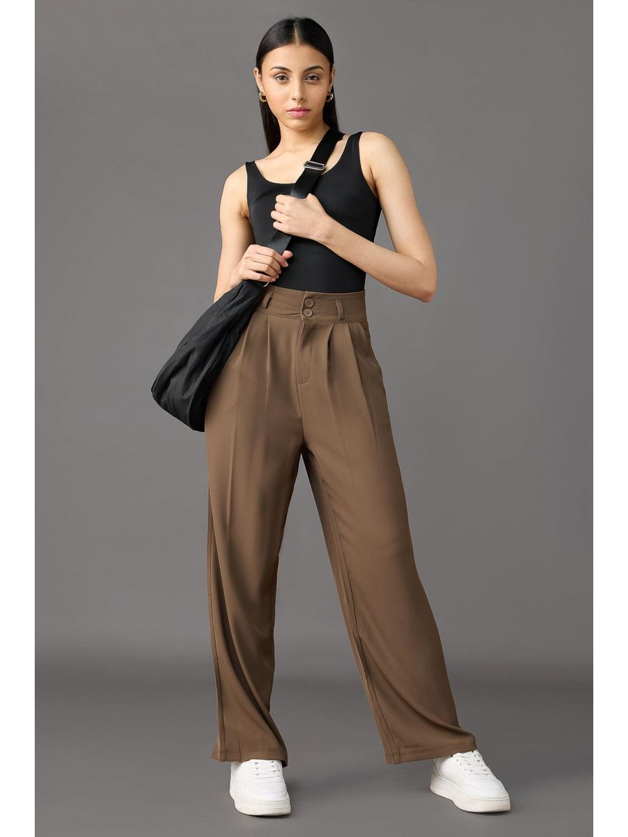 Italian Nova – High-waisted Pleated wide-leg trousers in Mocha Brown