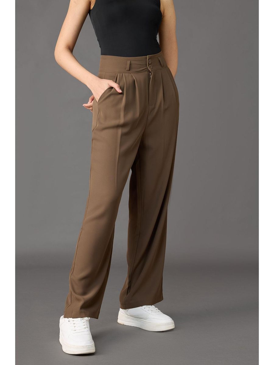 Italian Nova – High-waisted Pleated wide-leg trousers in Mocha Brown