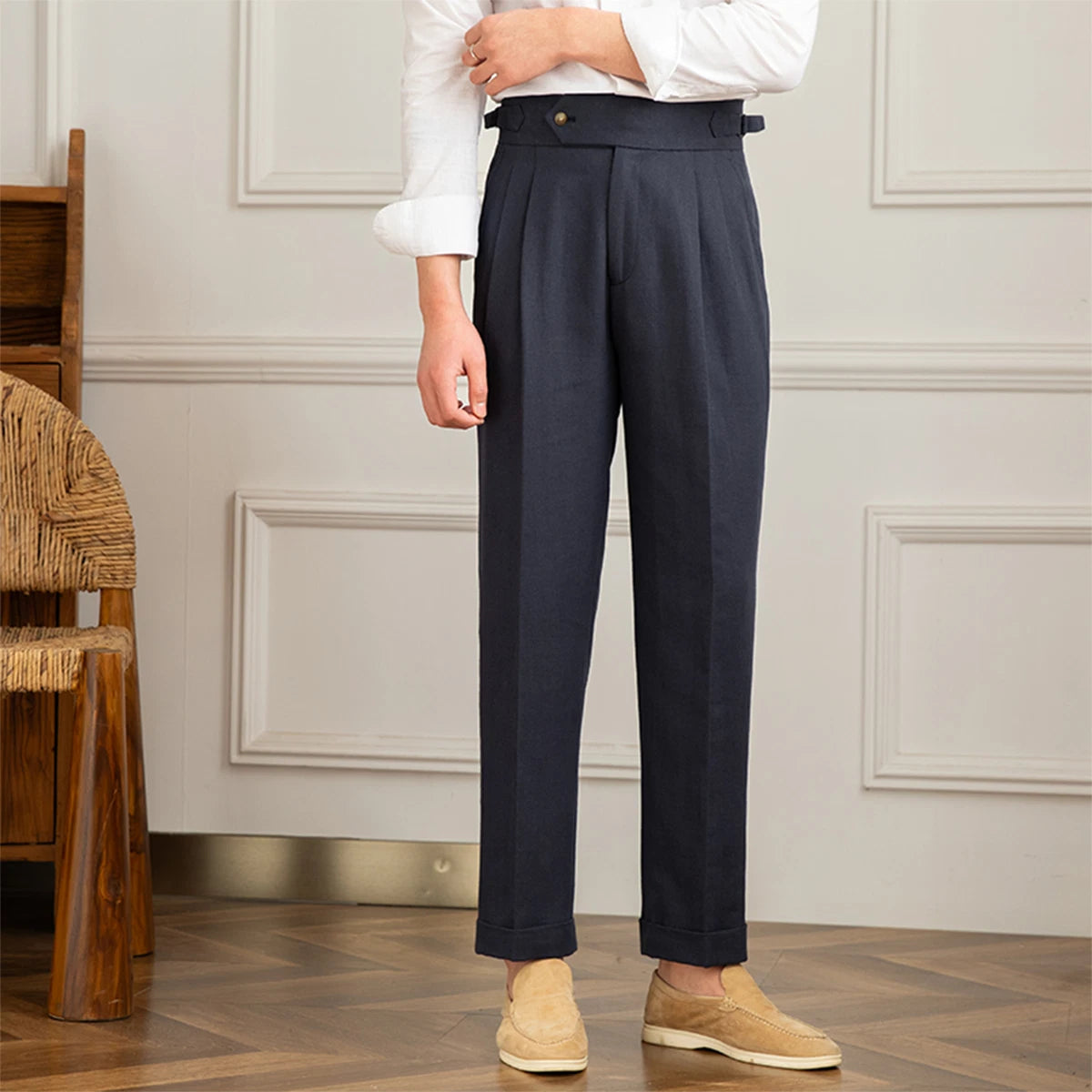 Italian Nova – Signature Buttoned Gurkha Trousers in Dark Navy Blue