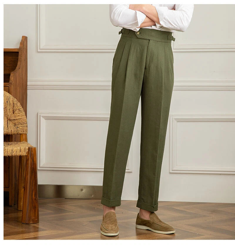 Italian Nova – Signature Buttoned Gurkha Trousers in Elegant Olive Green
