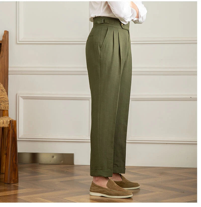 Italian Nova – Signature Buttoned Gurkha Trousers in Elegant Olive Green